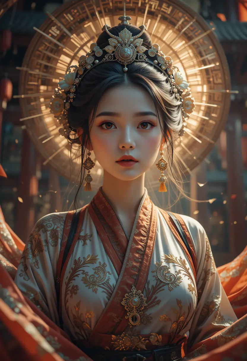 Mysterious goddess in traditional chinese clothing with fisheye view