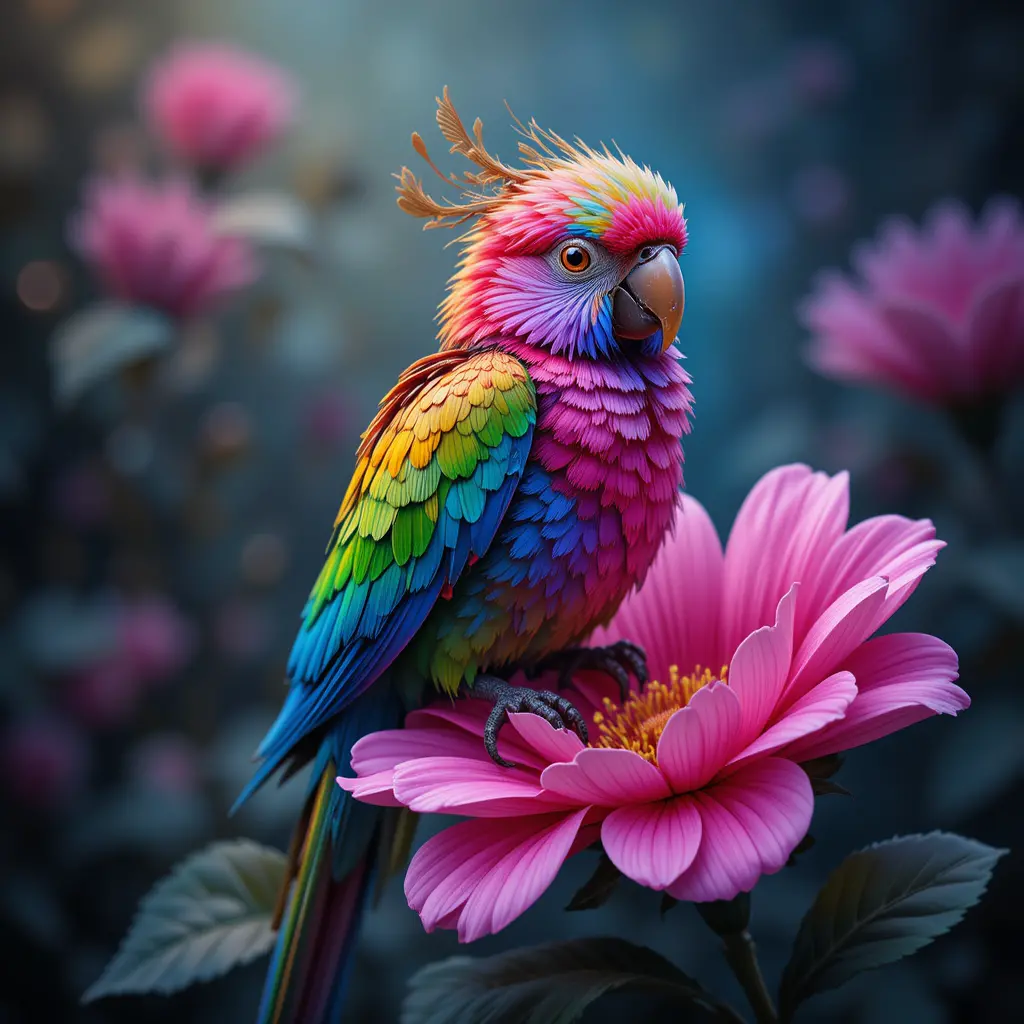 Colorful parrot perched on pink flower fantasy painting