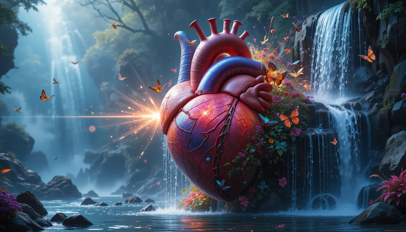 Close up human heart with waterfall and rainbow scene