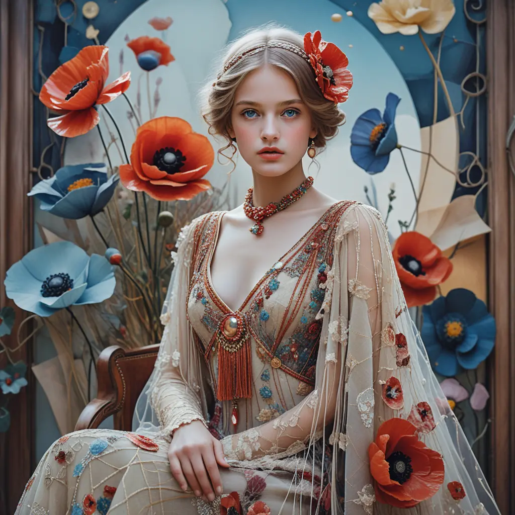 Fairytale vintage woman portrait with cascading poppy gown