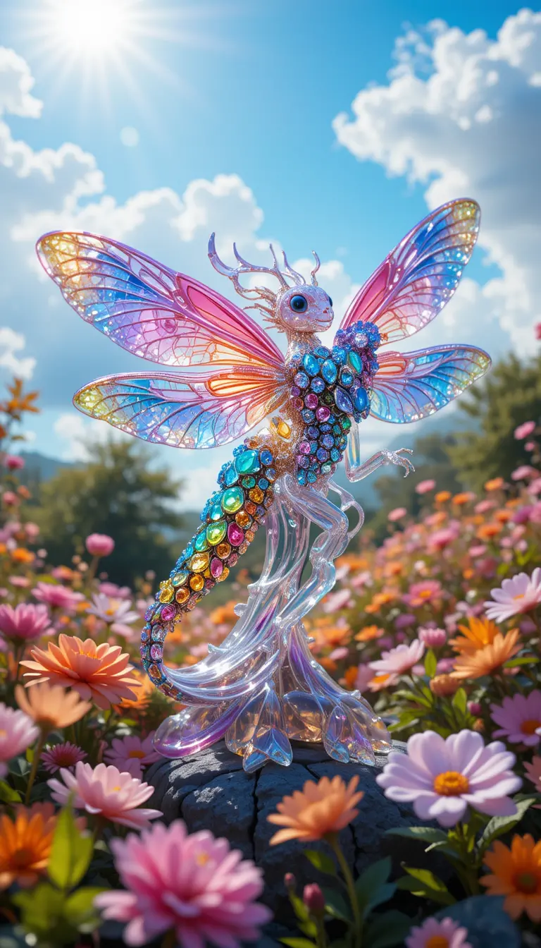 Rainbow jeweled dragonfly statue in spring flower garden