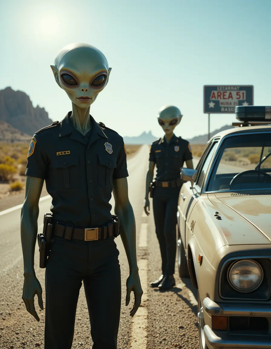 Alien police officers on a lonely Texas desert highway