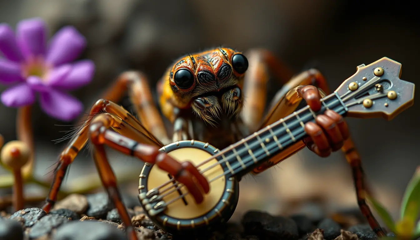 Mutant spider playing banjo in a tiny fantasy world