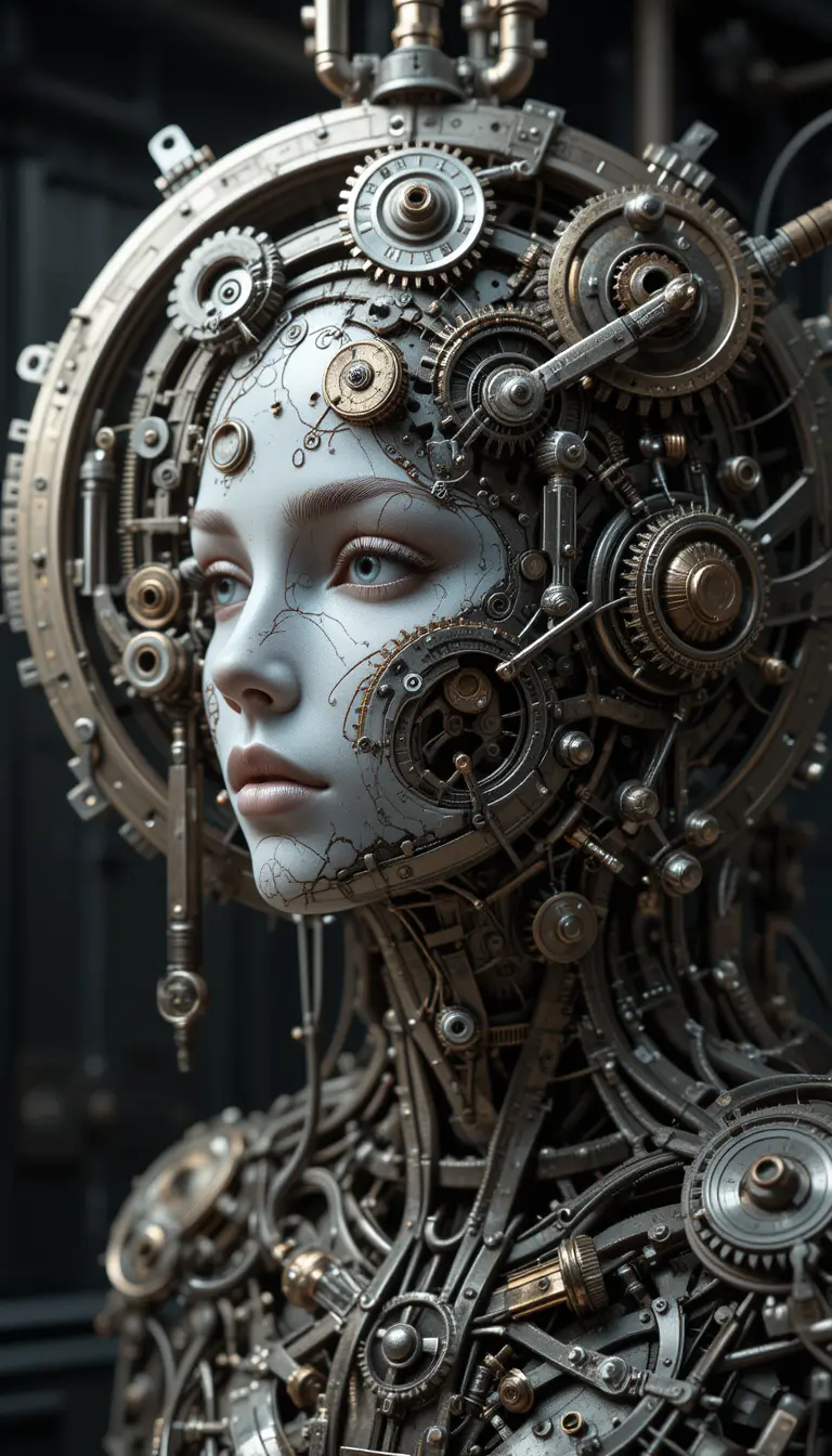 Surreal 3D mechanical woman face in dark industrial setting