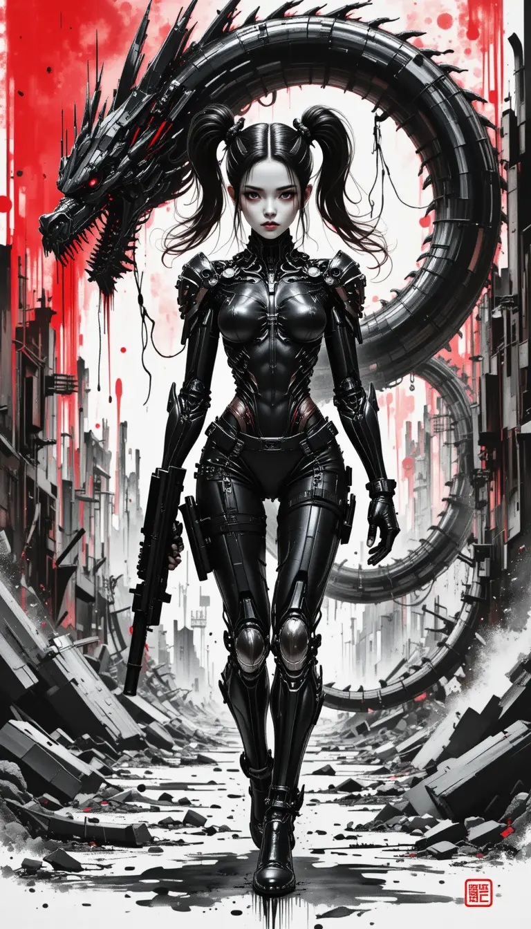 Cyborg woman with rifle in ruined alien base