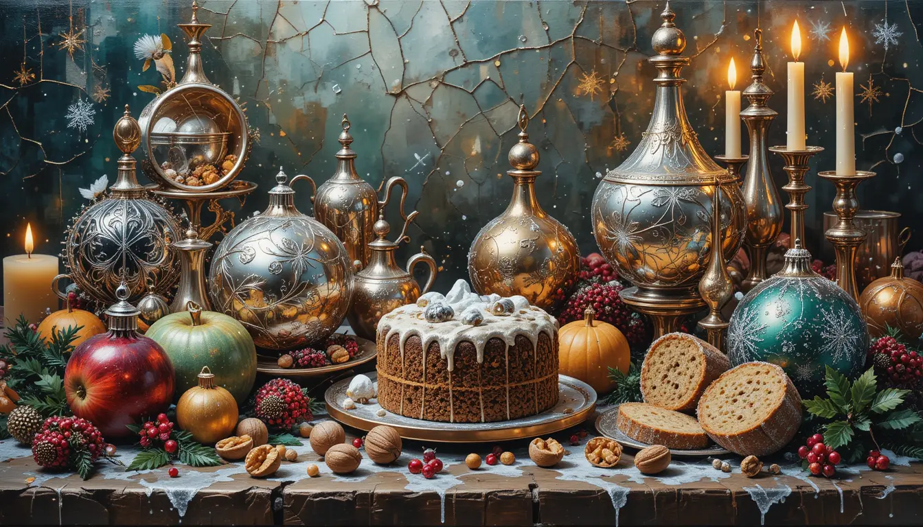 Festive mixed media painting of gleaming christmas ornaments