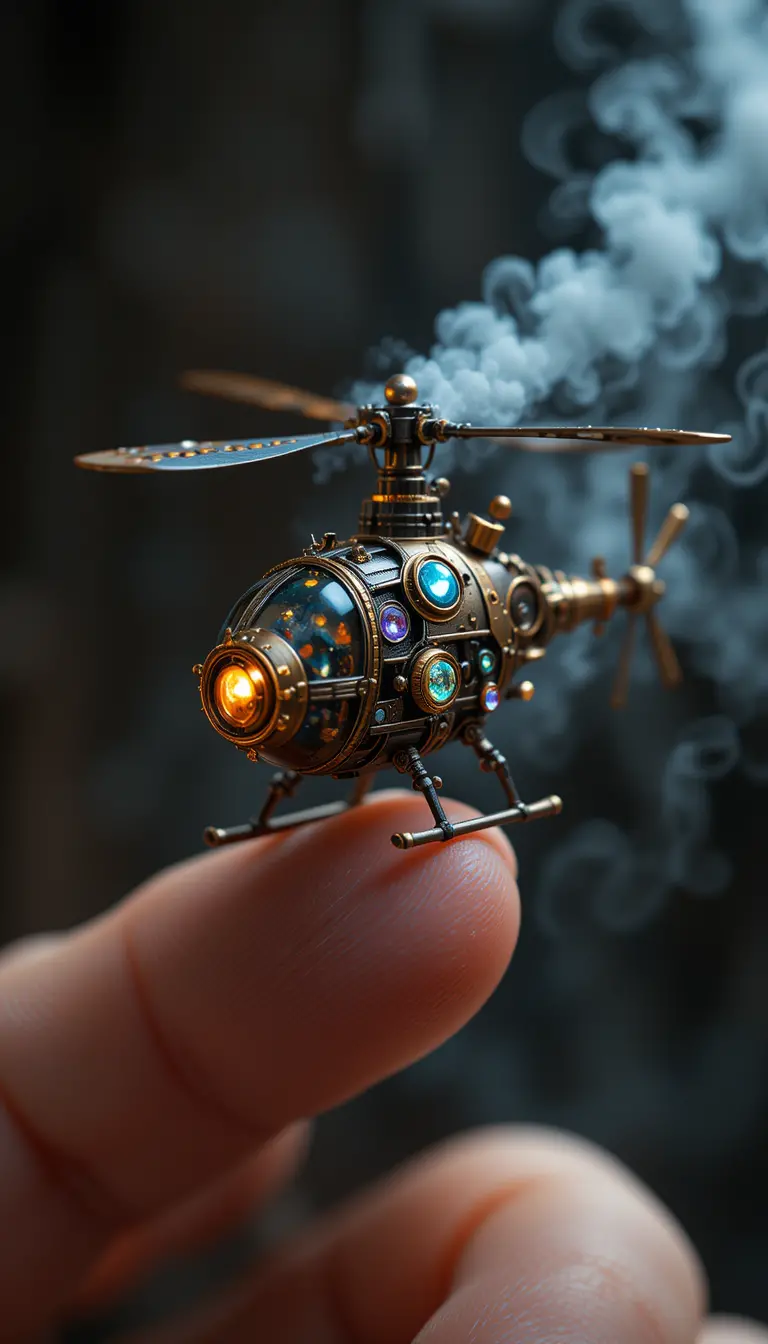 Whimsical steampunk miniature helicopter balanced on fingertip