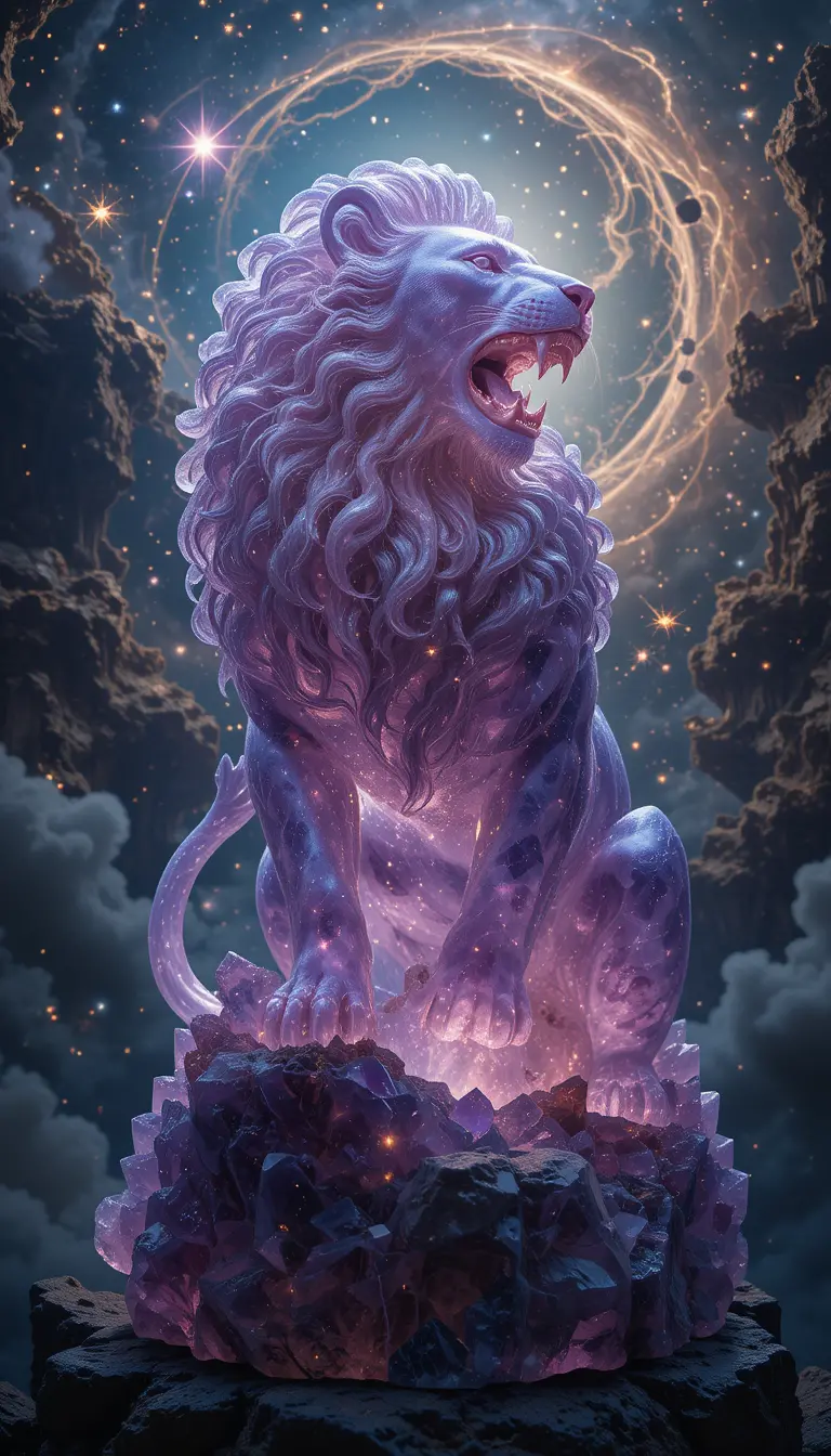 Majestic amethyst lion sculpture in cosmic energy