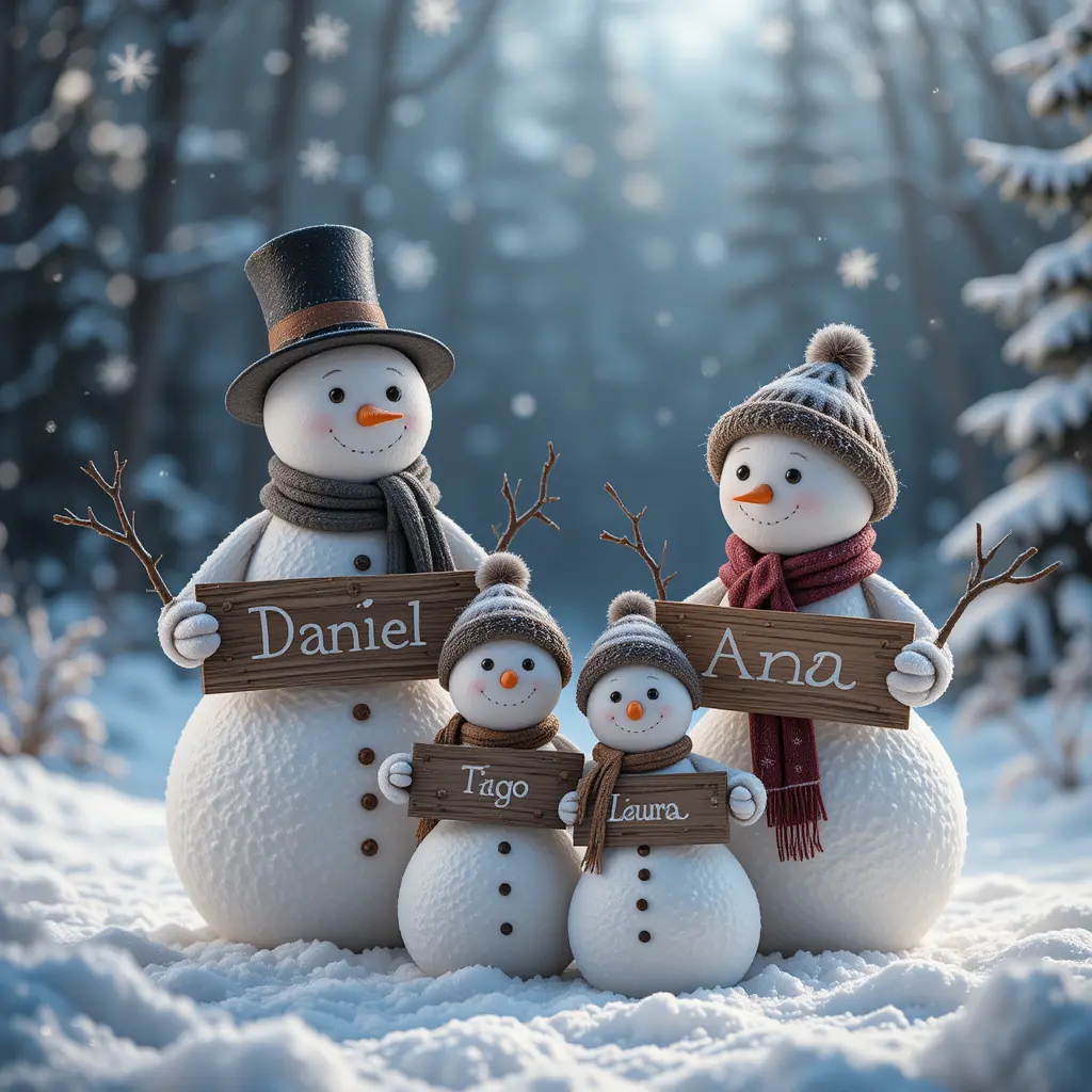 Snowman family holding name signs in winter landscape