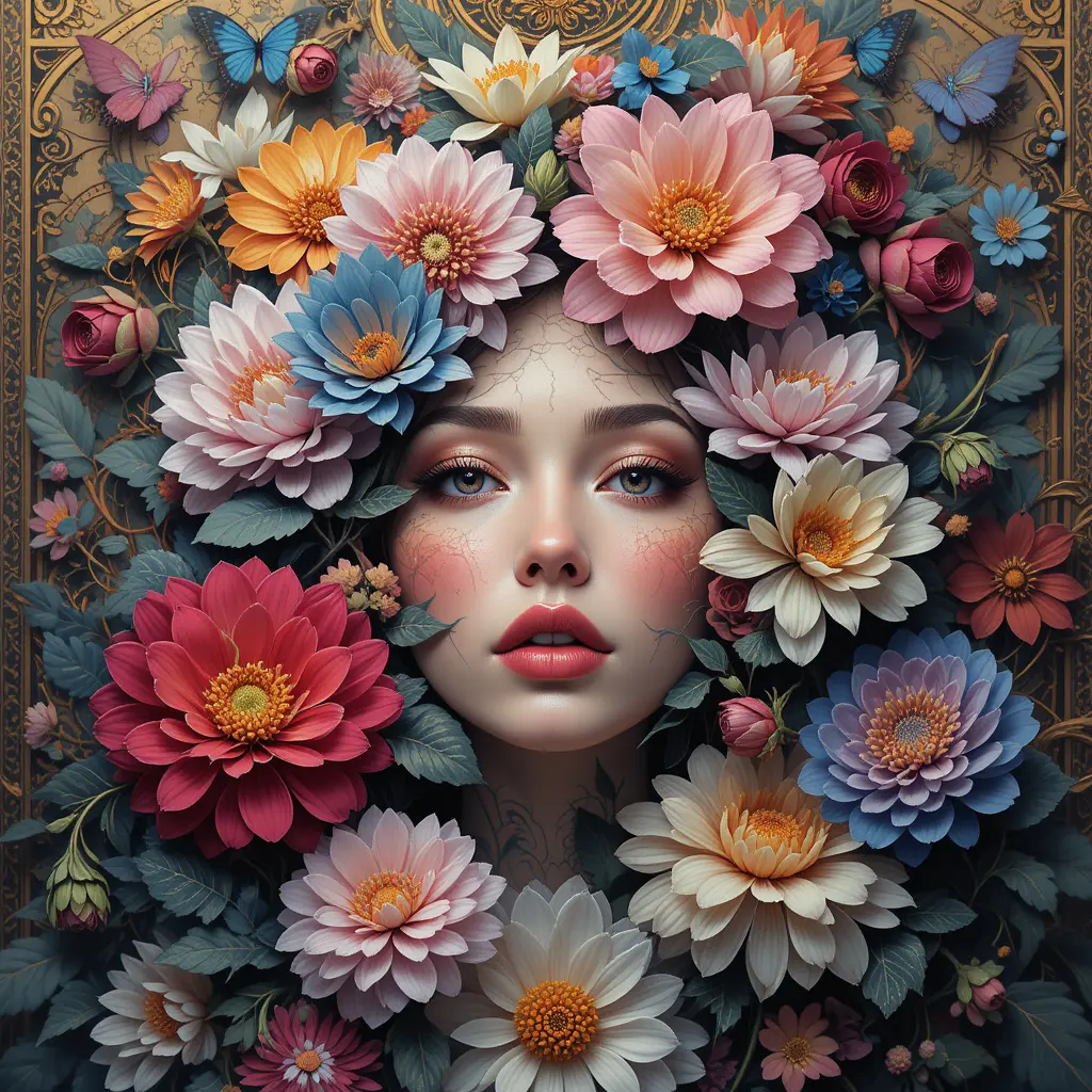 Dreamlike Portrait Of A Woman In Vibrant Digital Flowers