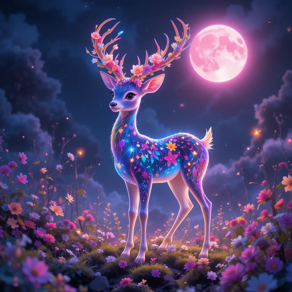 Whimsical Deer With Floral Antlers Under A Pink Moon