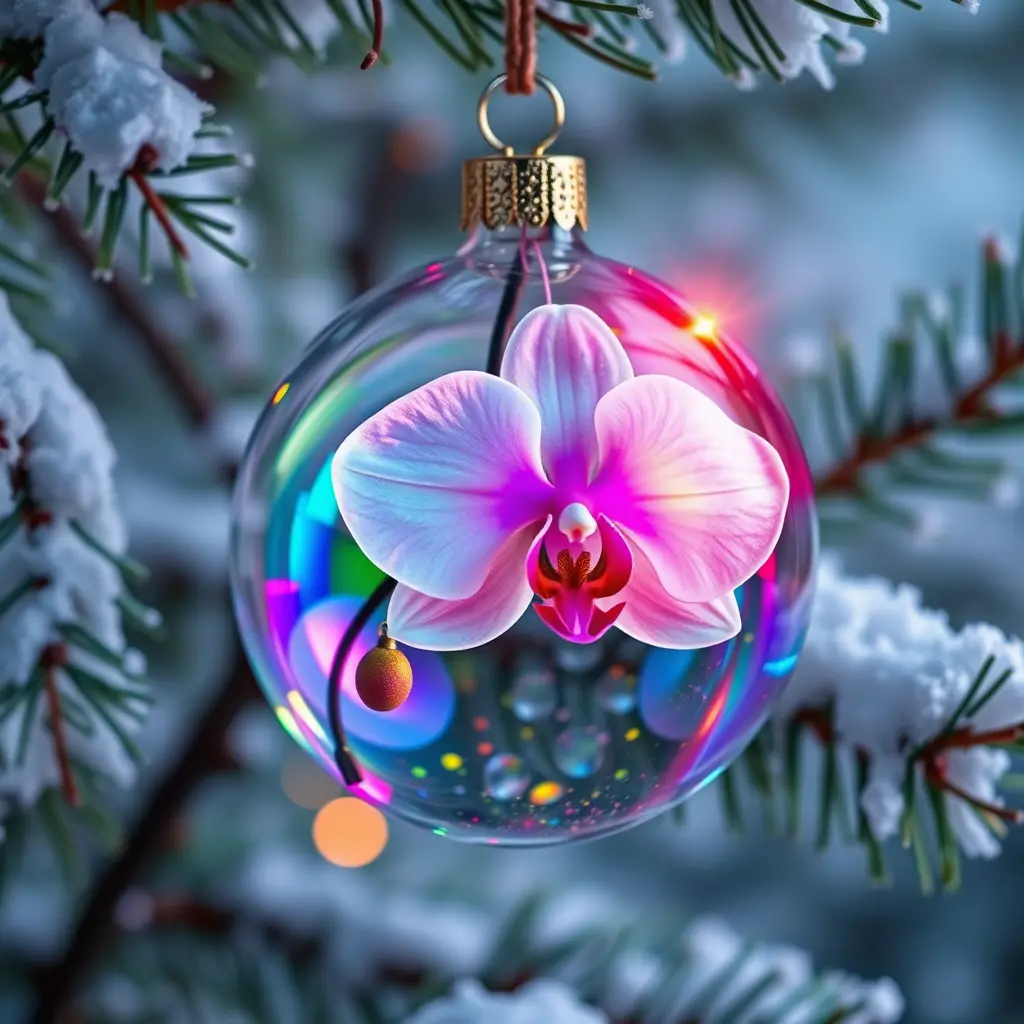 Glowing Crystal Christmas Ornament With Pink Orchid On Snowy Pine