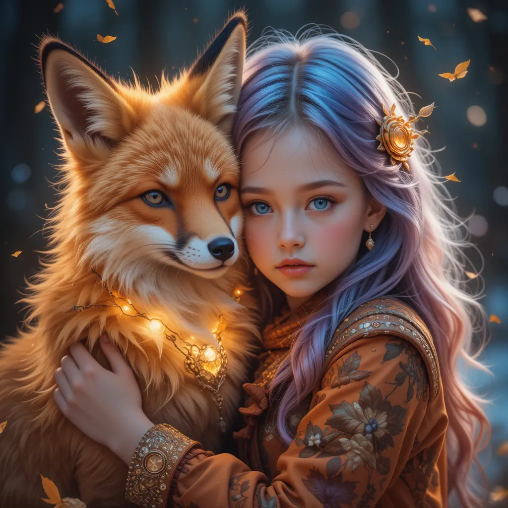 Fantasy girl hugging an ethereal orange fox illustration