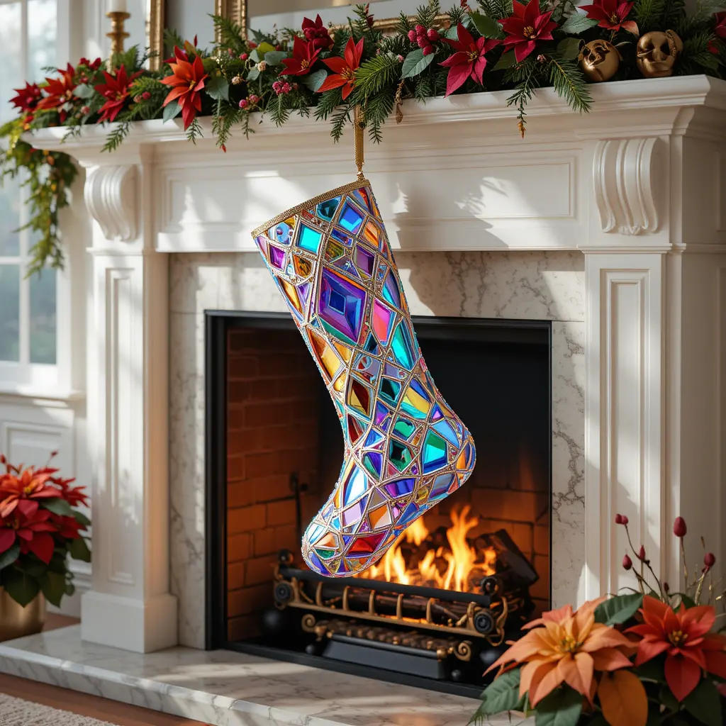 Colorful crystal christmas stocking on a bright fireplace