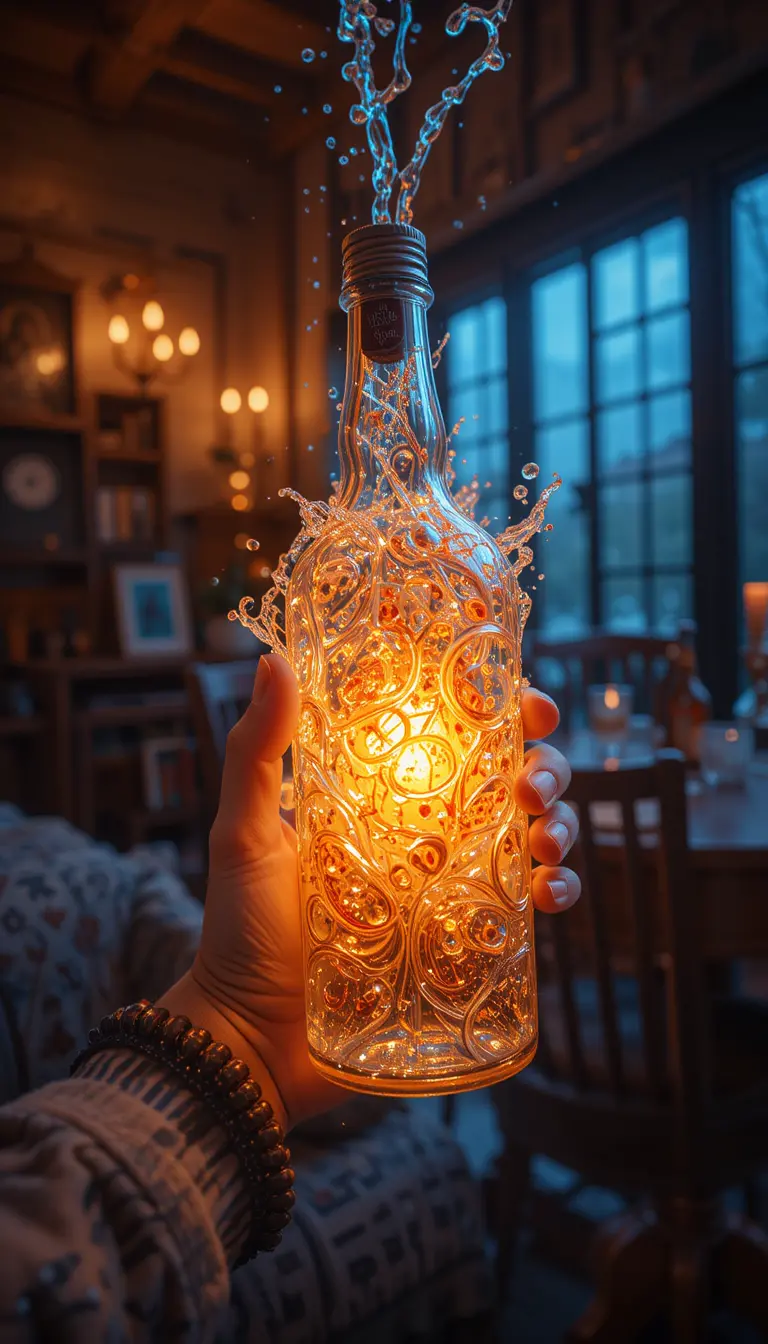 Cozy indoor hand holding a glowing bottle with splashes