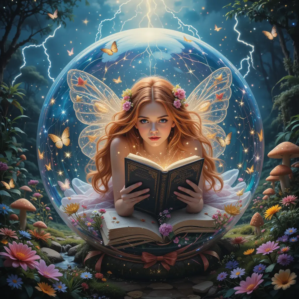Fantasy woman reading inside glowing glass sphere