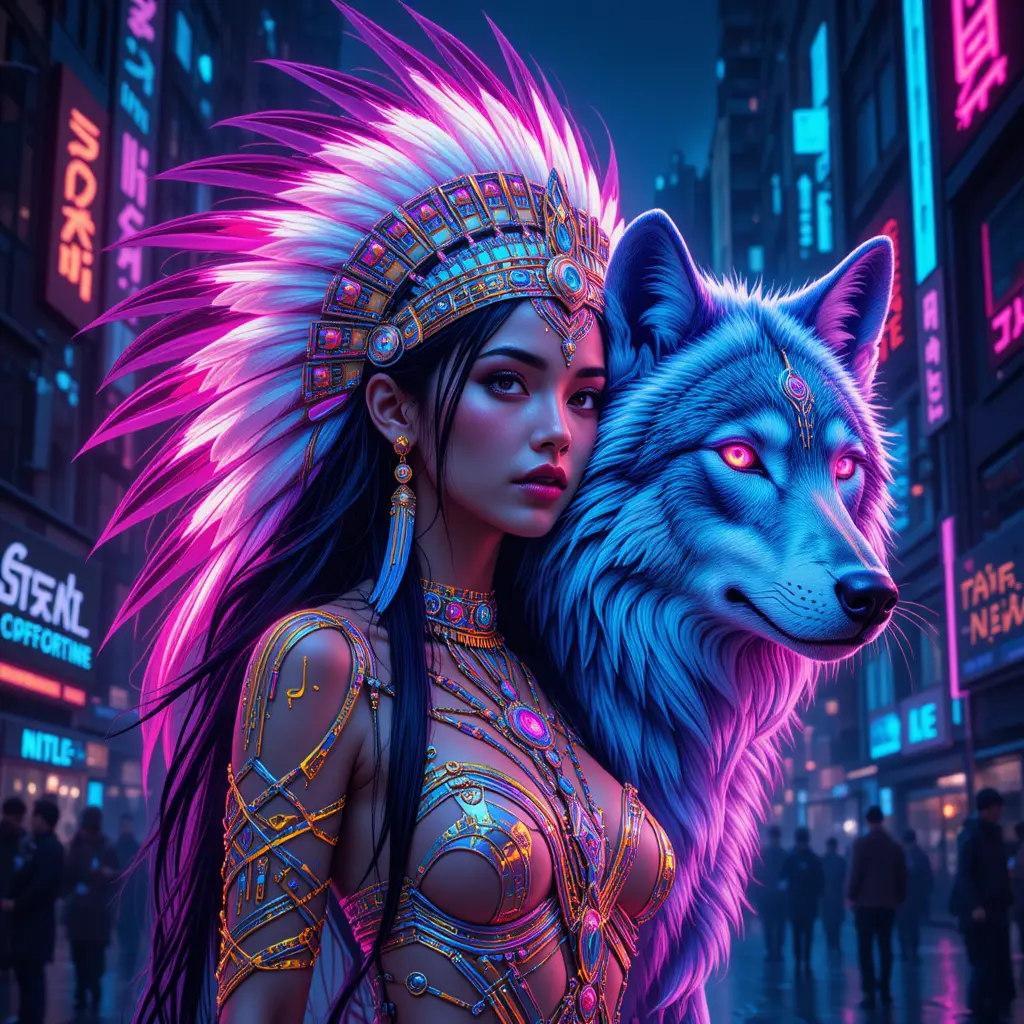 Cyberpunk woman and wolf in neon futuristic city