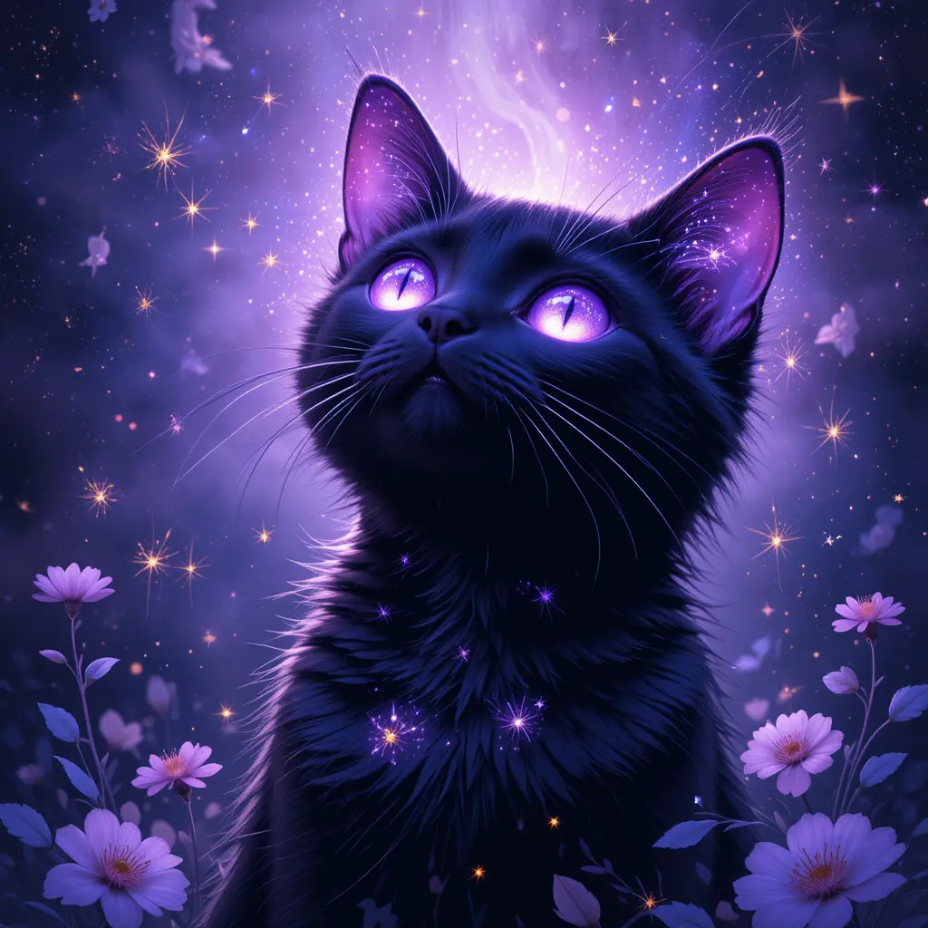 Mystical black cat with glowing purple galaxy eyes