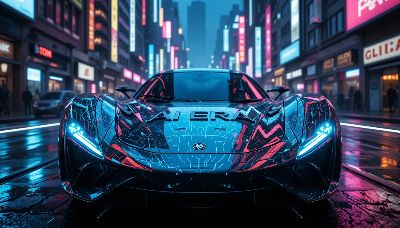Futuristic cyberpunk sports car in neon lit dystopian city