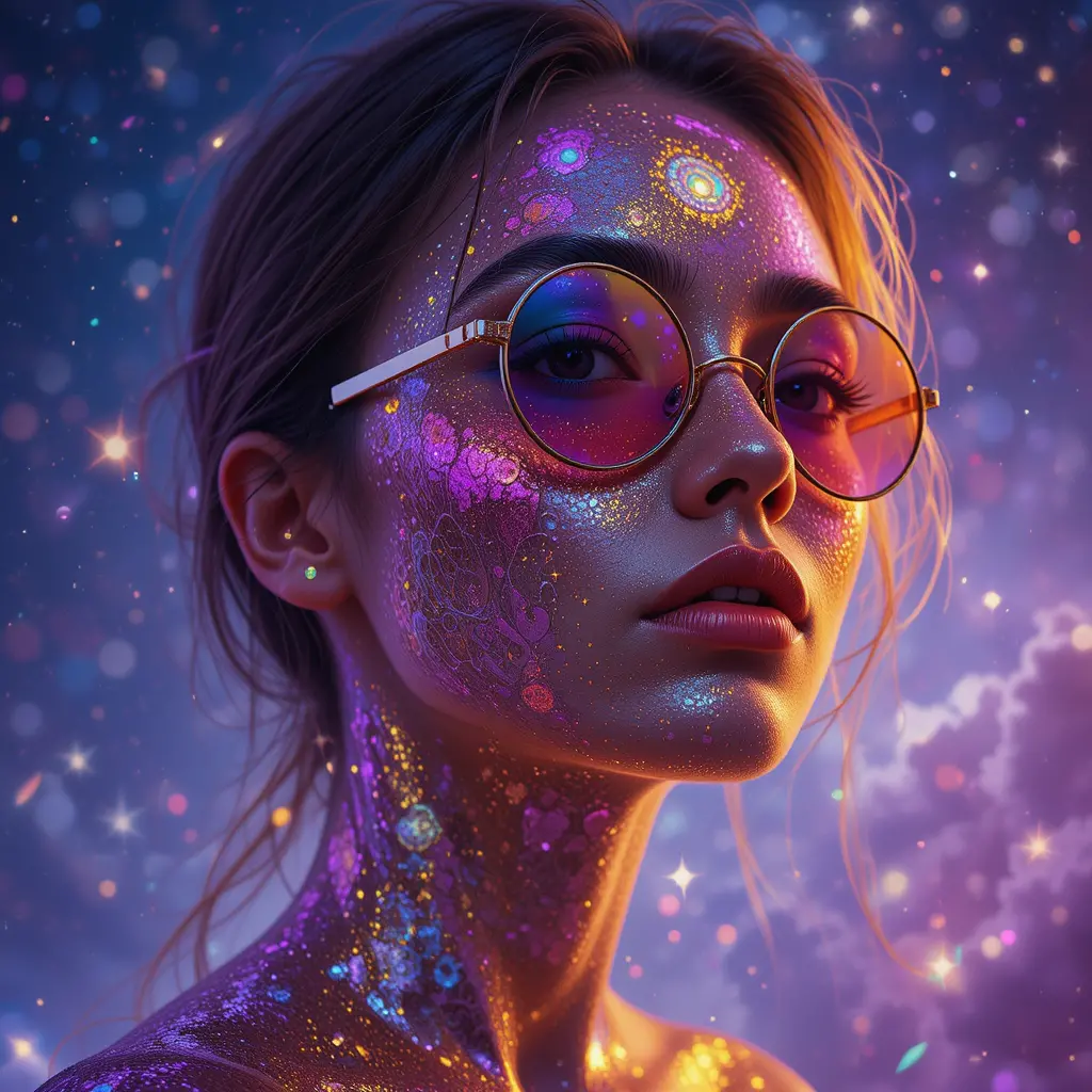 Cosmic woman portrait with iridescent sunglasses and stars