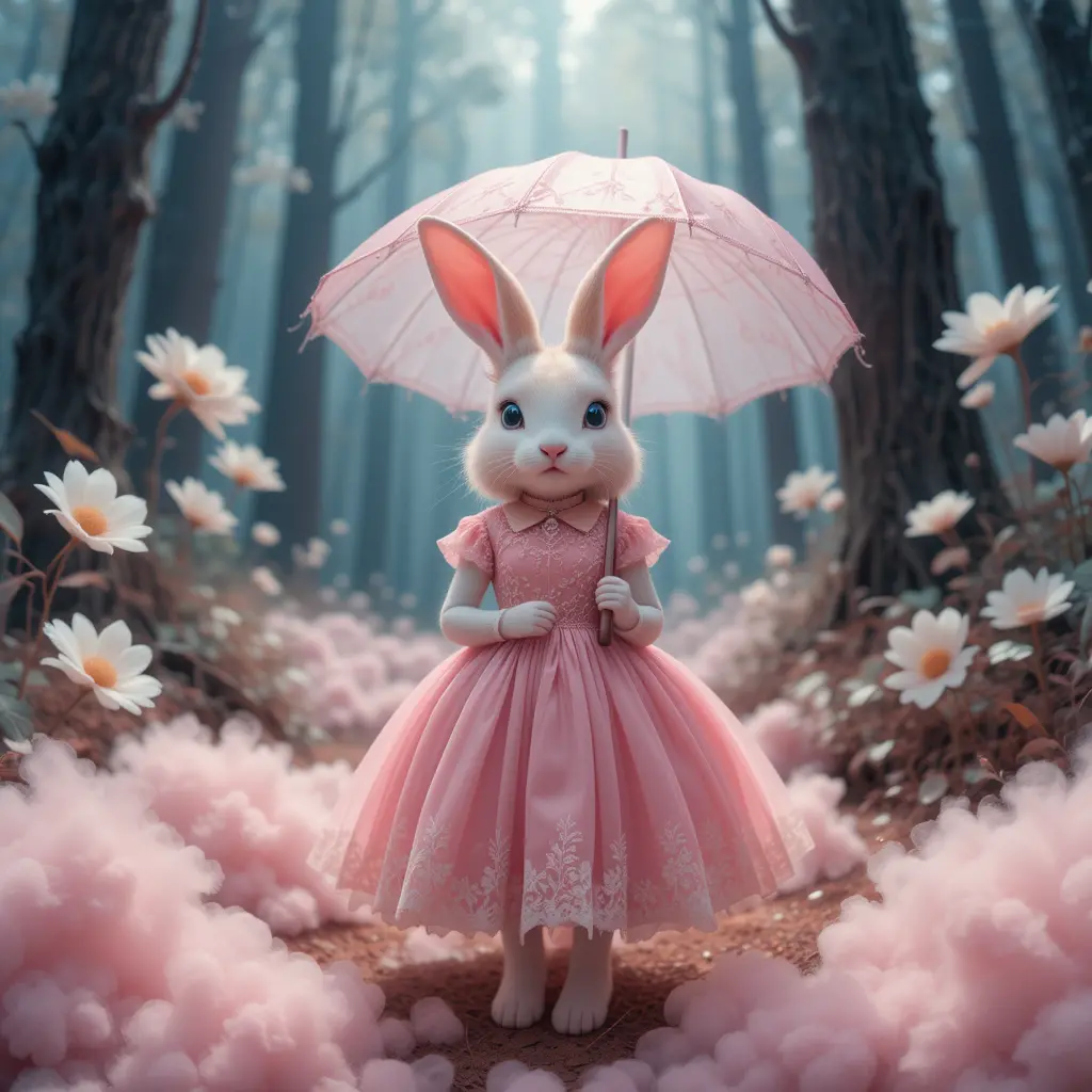 Cute rabbit with pink umbrella in dreamy fantasy forest