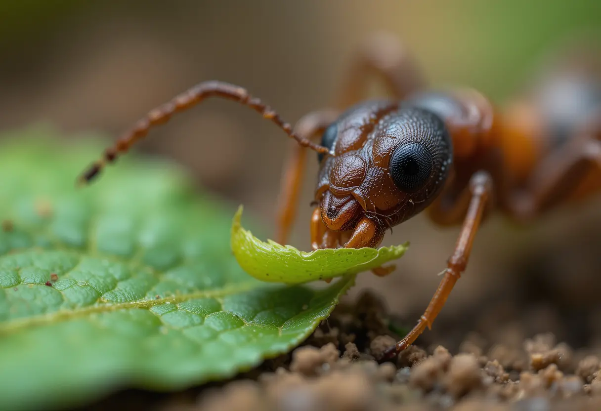 Macro side view of an ant carrying a green leaf