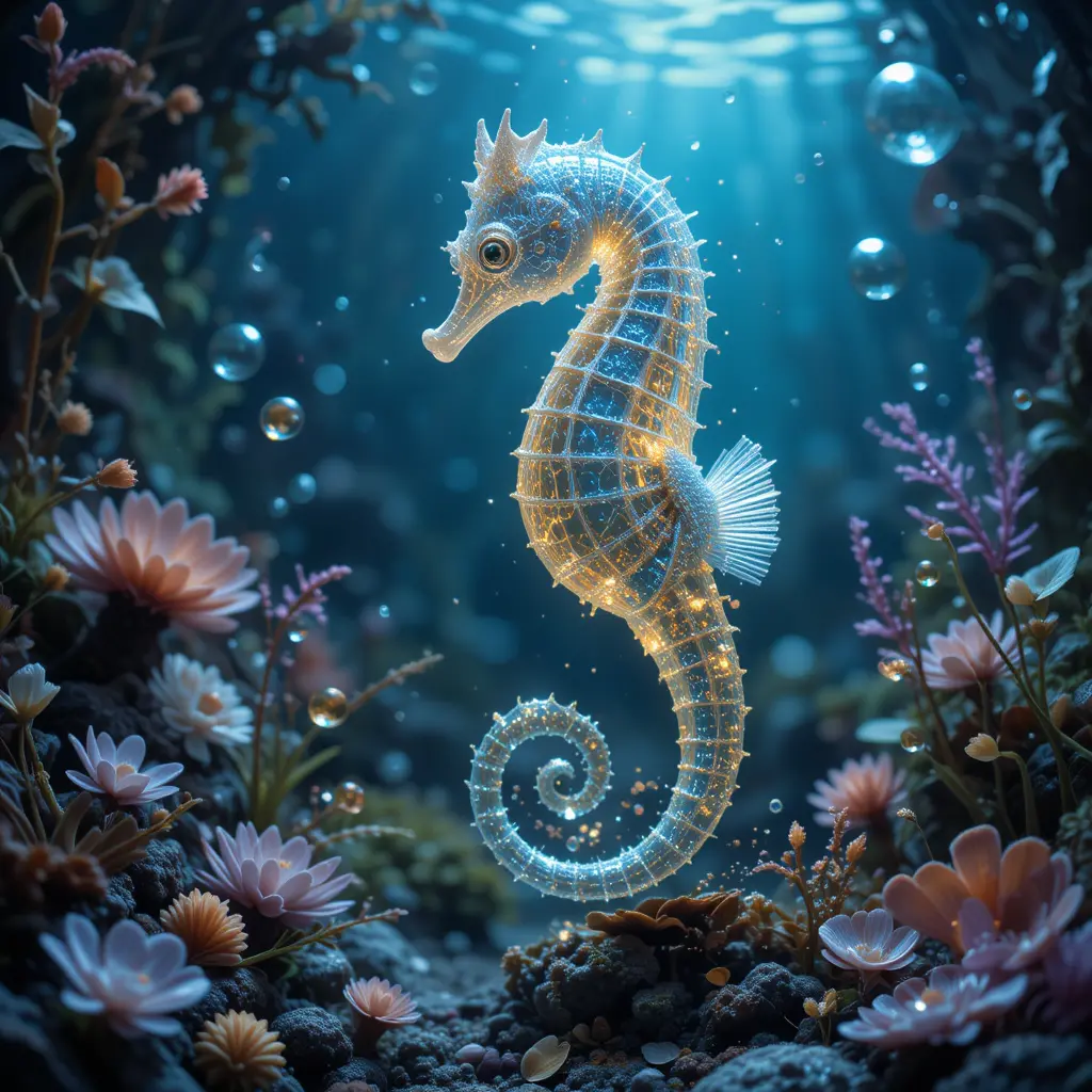 Glowing seahorse in a fantasy underwater world