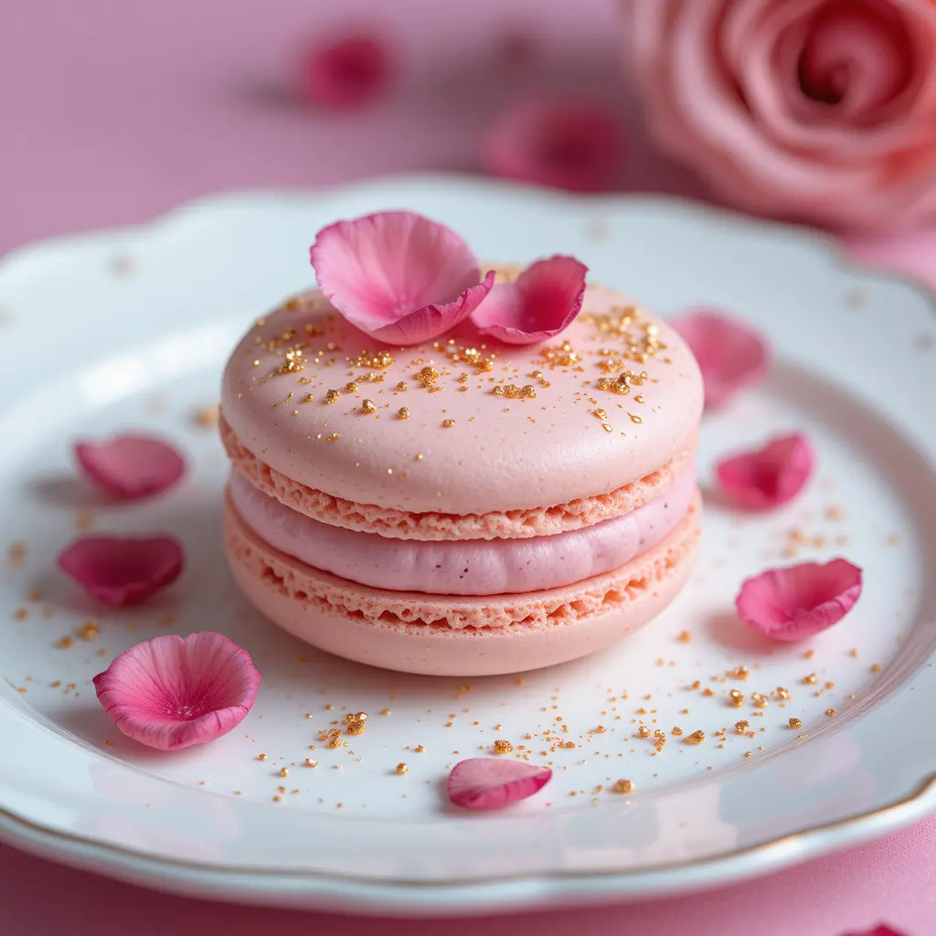 French macaron with rose petals on elegant white plate