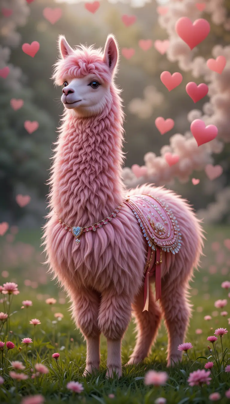 Pink llama in a romantic heart filled meadow scene