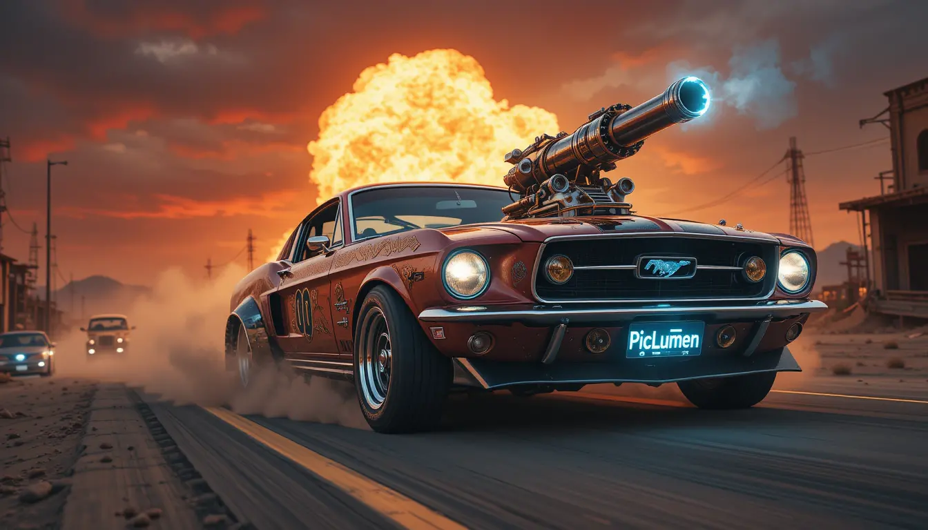 Post apocalyptic muscle car racing down desert highway