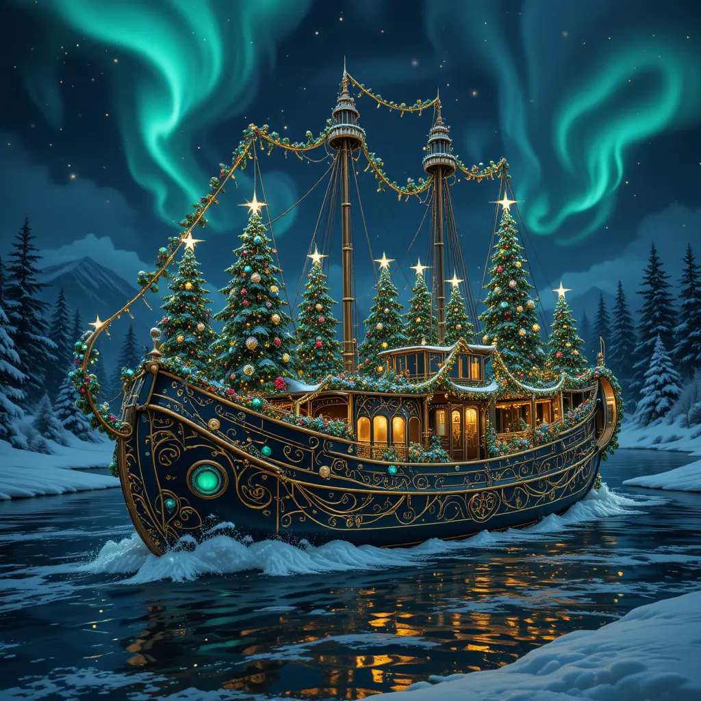 Luxurious vintage submarine with festive christmas decorations