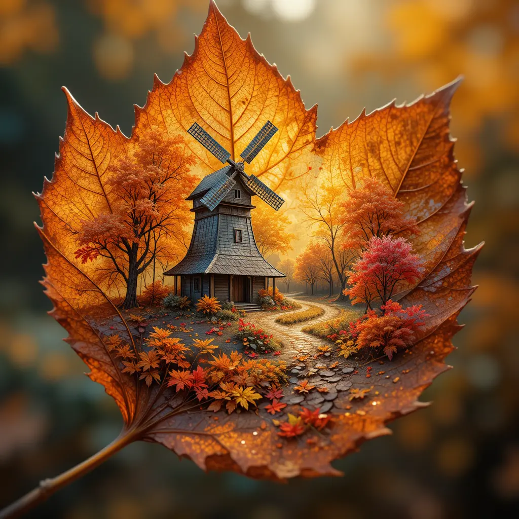 Close up autumn leaf as a painted fantasy landscape