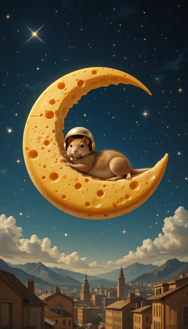 Mouse Resting On Cheese Moon Above Nighttime City