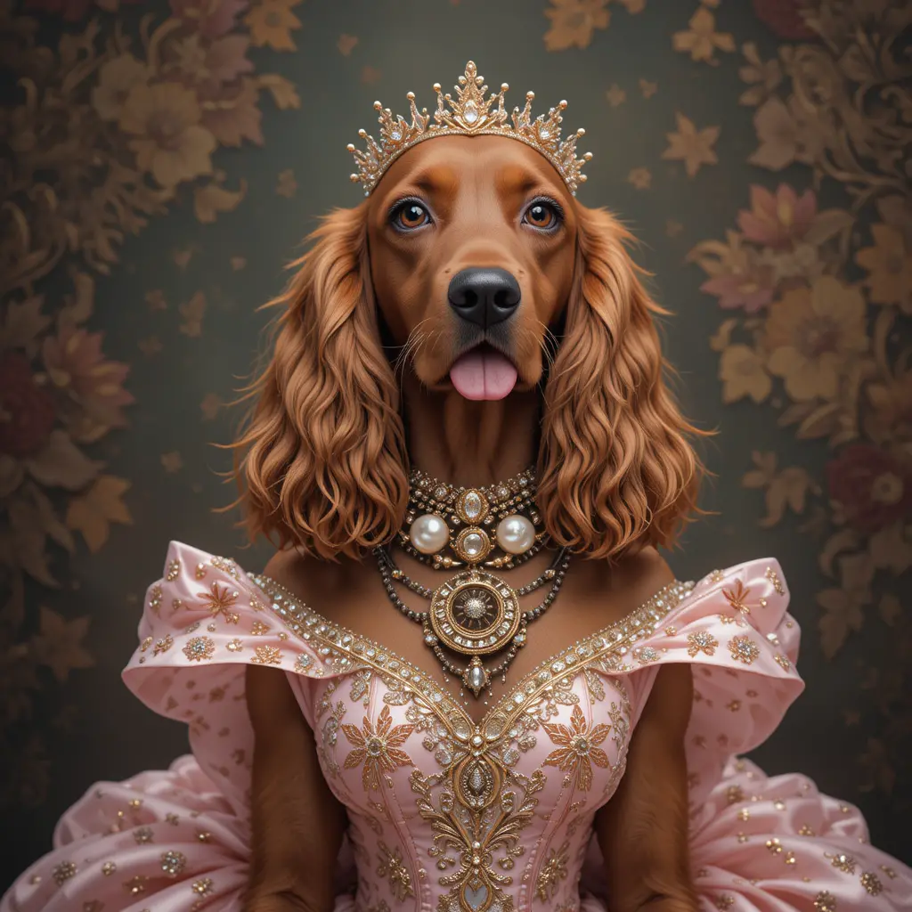 Red cocker spaniel wearing an elegant decorated ball gown