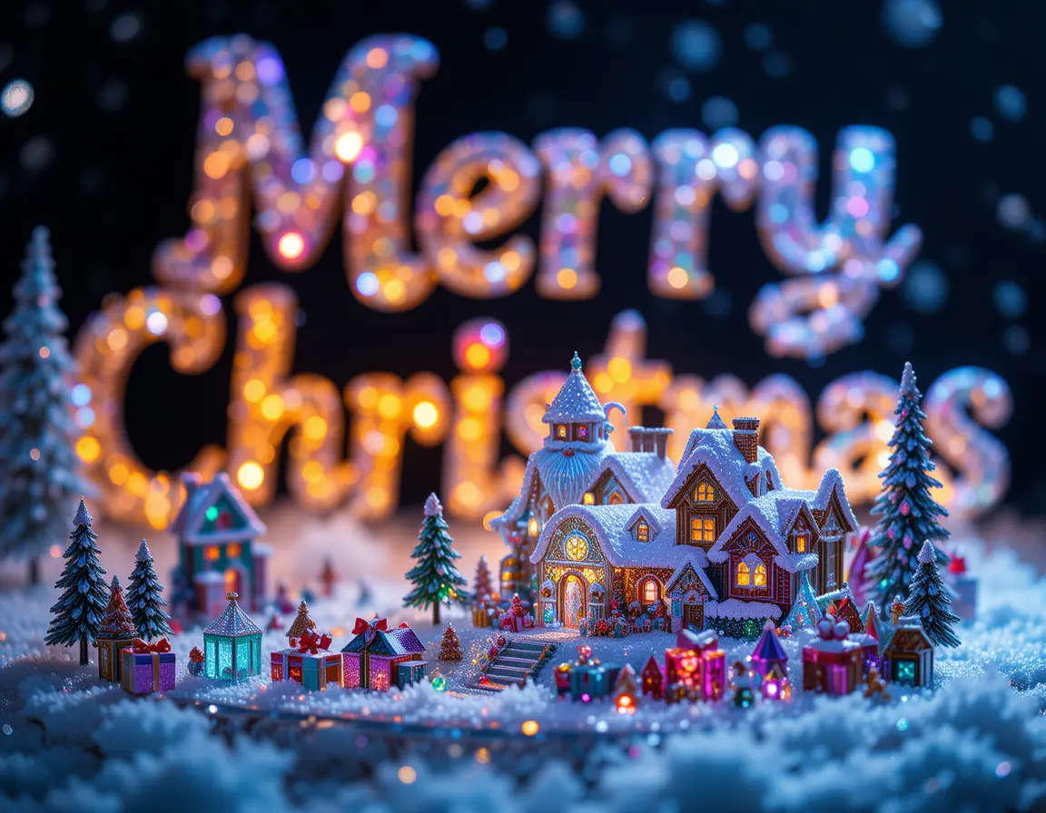 Crystal santa village with colorful merry christmas text