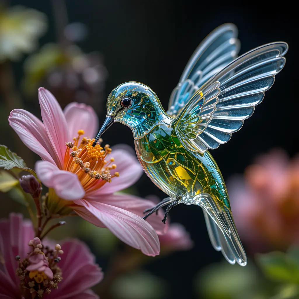 Glass hummingbird drinking from a single delicate flower