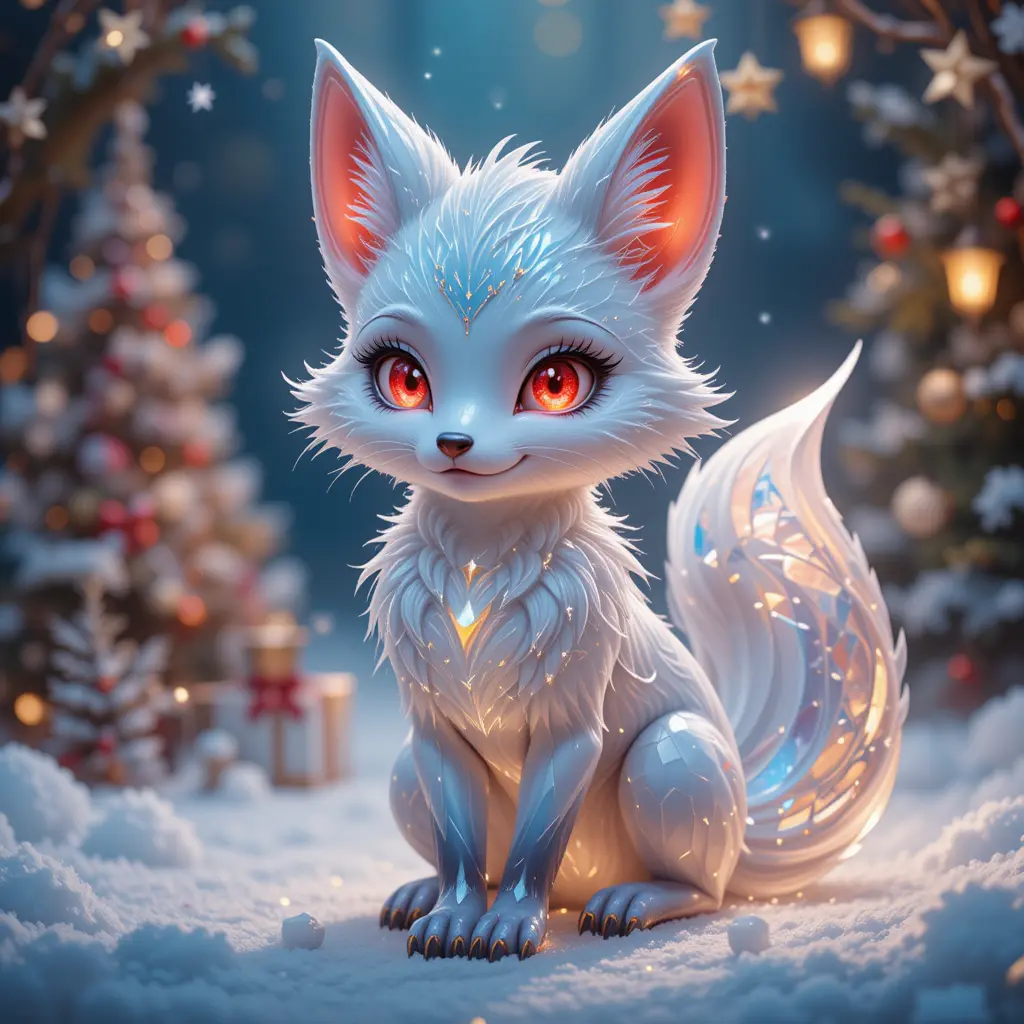 Cartoon crystal arctic fox in festive snowy landscape