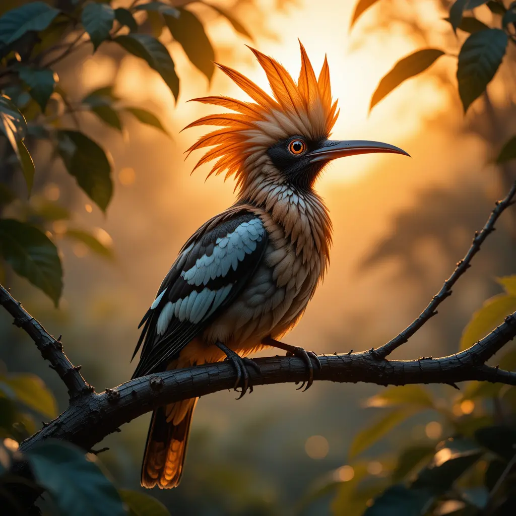 African hoopoe on a branch at sunset in forest