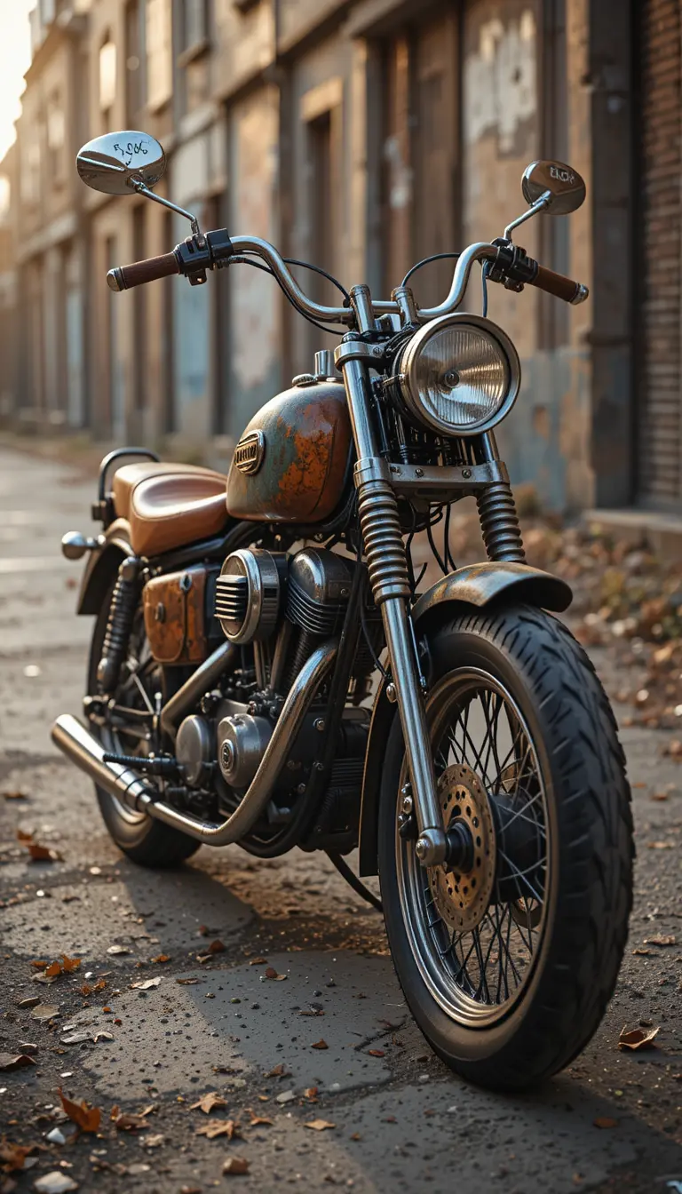 Vintage motorcycle made from nostalgic memorabilia in urban light
