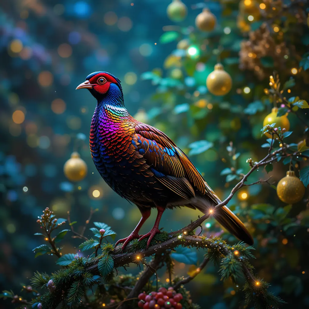 Partridge Resting In A Pear Tree With Christmas Lights