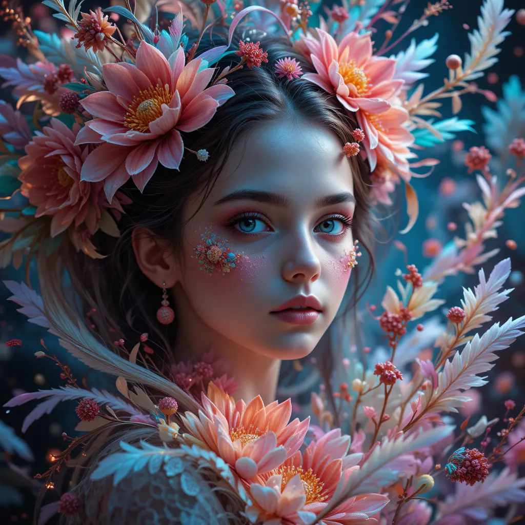Dreamy girl portrait with surreal flowers and feathers