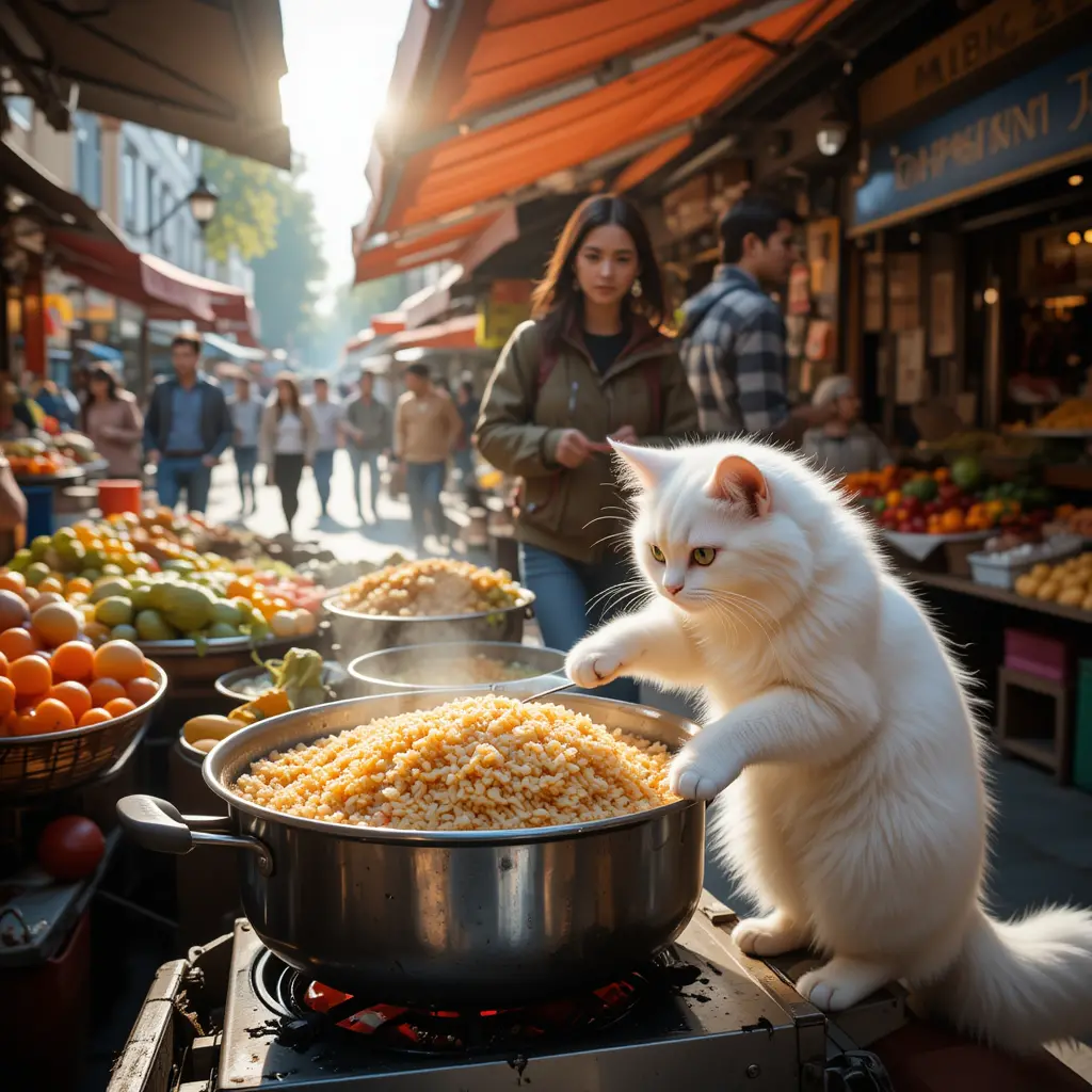 White ragdoll cat cooking fried rice at busy street market