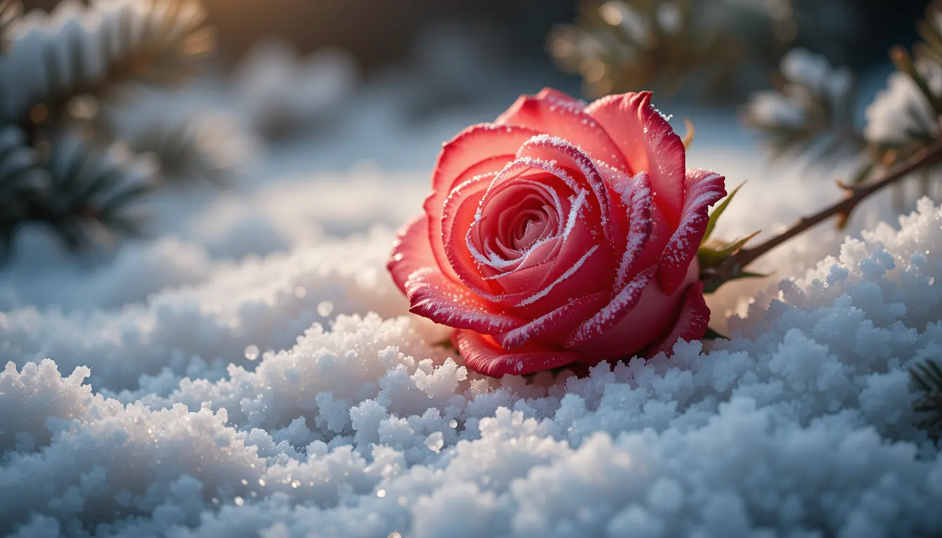 Single red rose resting in fresh winter snow