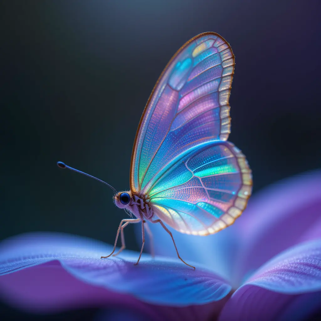 Iridescent butterfly on blue orchid in macro close up
