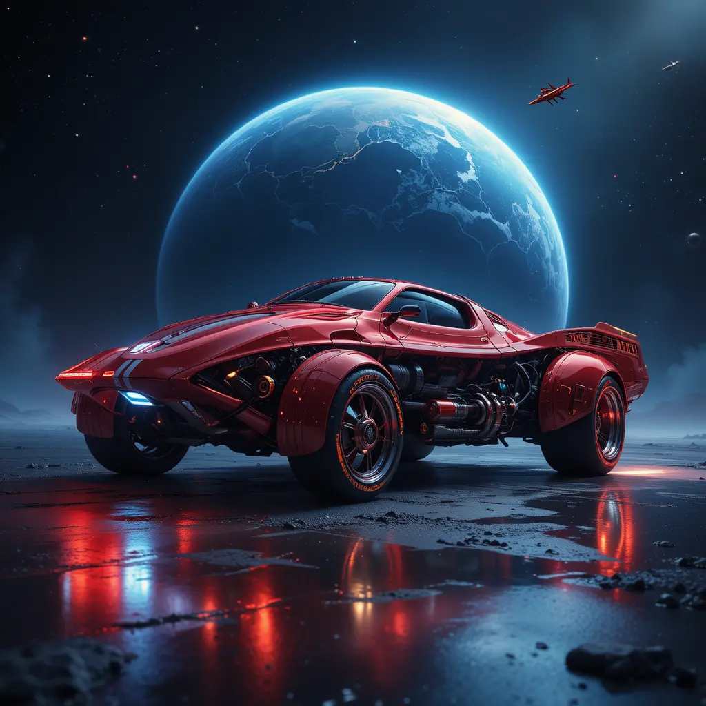 Futuristic red and gold cyberpunk spaceship in outer space
