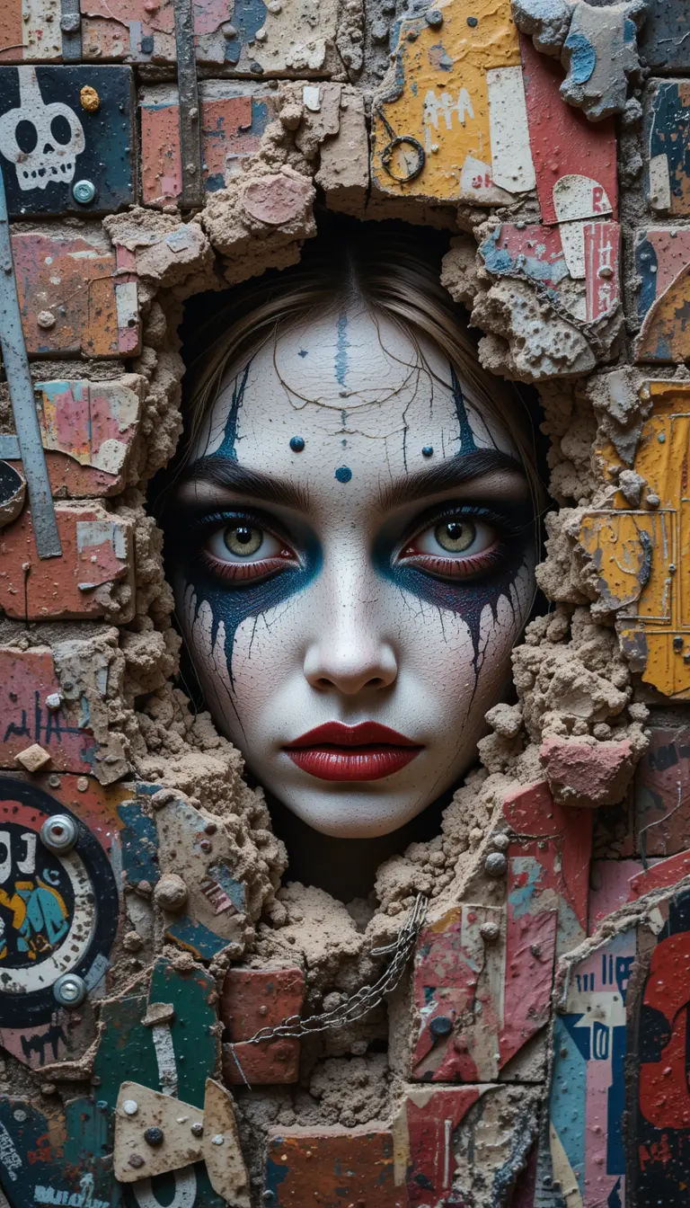 Harlequin woman emerging from colorful urban graffiti wall