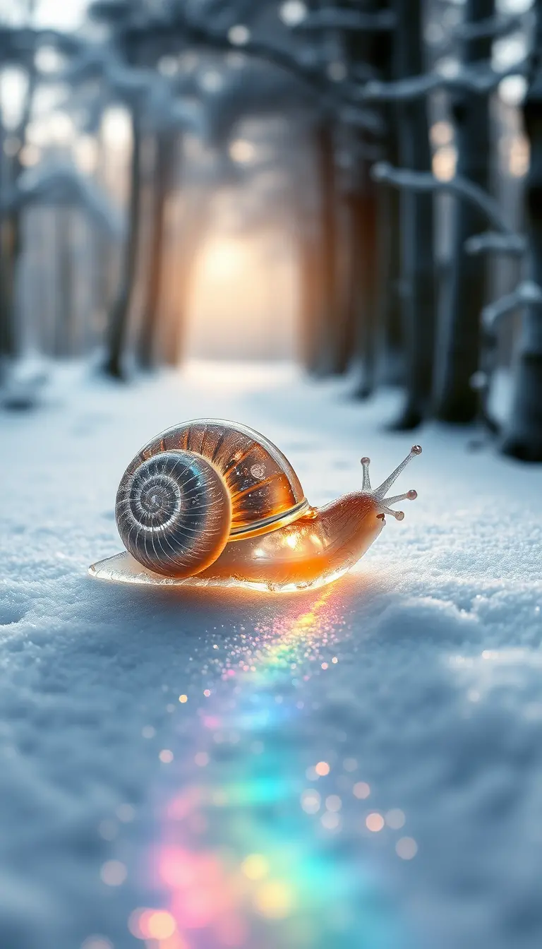 Crystal snail on a frosted rainbow path in snow