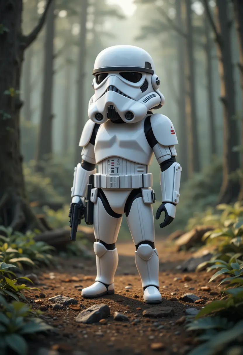 Cute 3D stormtrooper character in an isometric forest scene