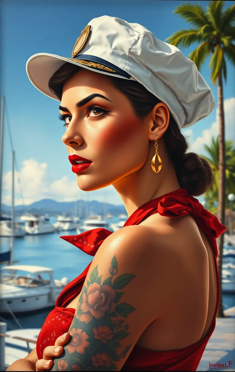 Confident woman in captain cap at sunny marina