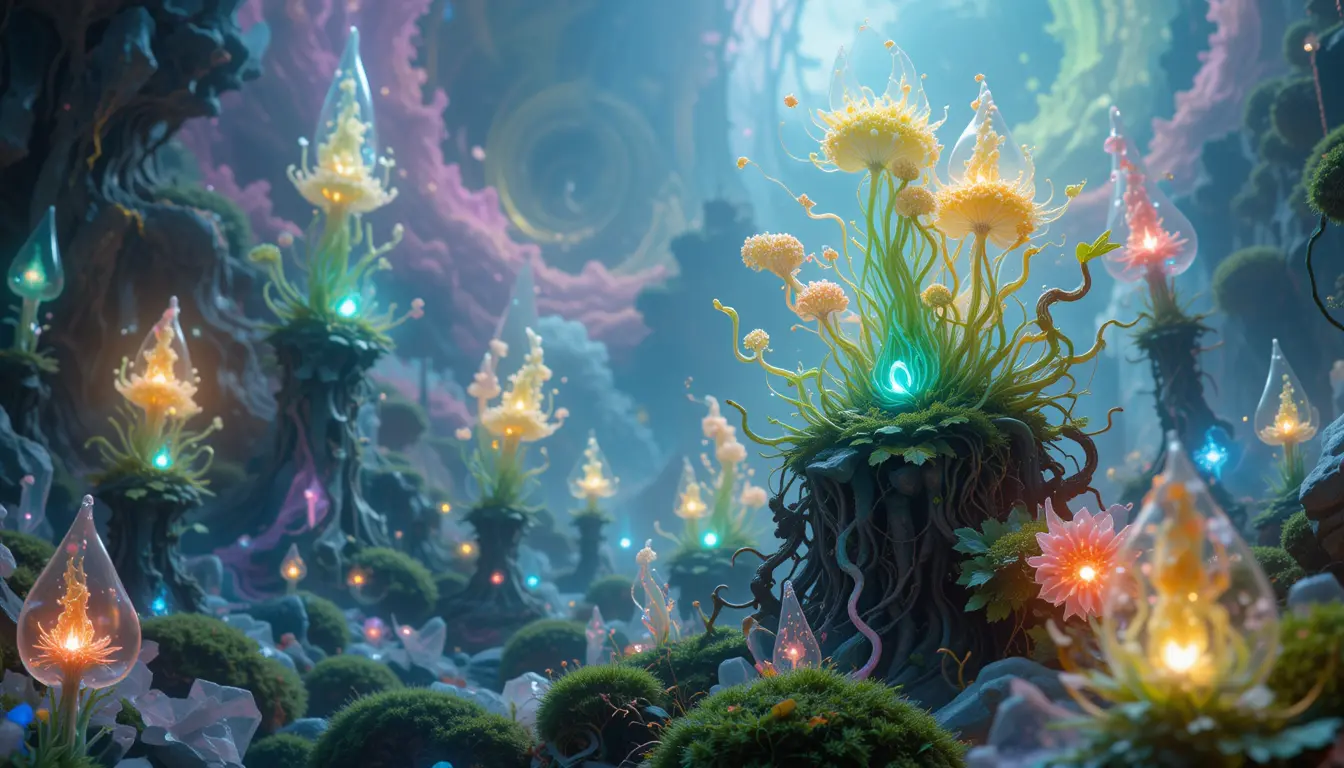 Surreal digital landscape of glowing synthetic fantasy plants